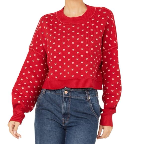 NWT Free People Small Easy Street Oversized Cropped Sweater Red Cherry Chunky - Picture 1 of 7